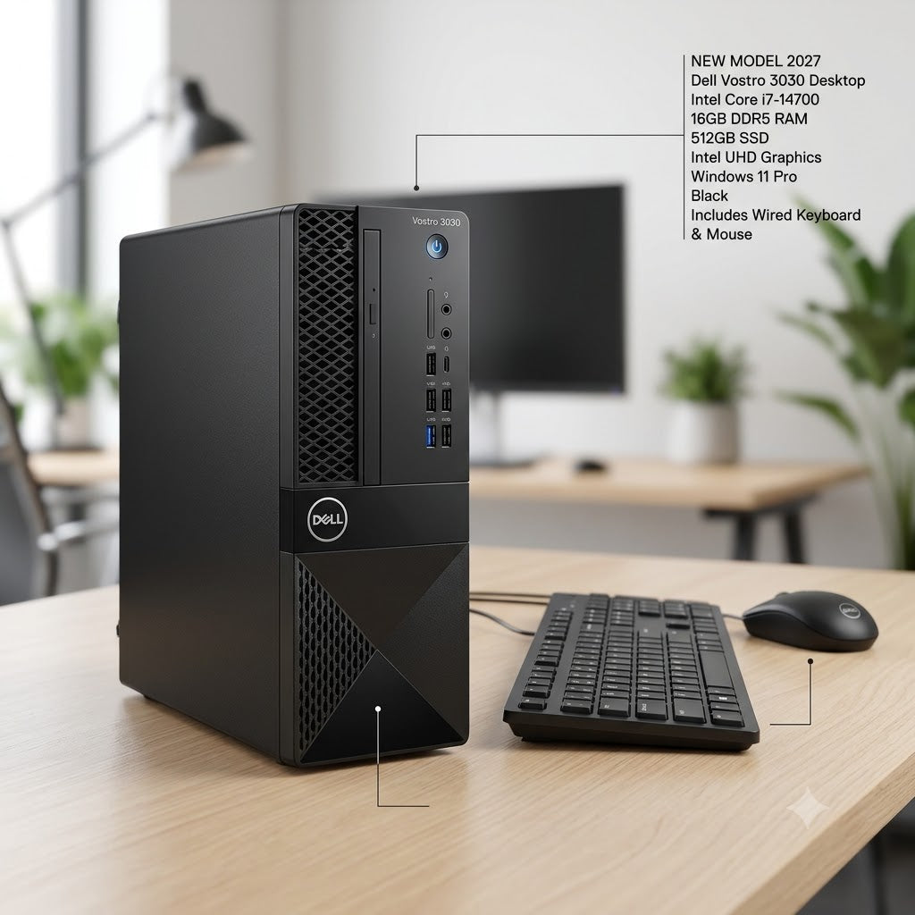 New Model 2027: Dell Vostro 3030 Desktop | Intel i7-14700 | 16GB DDR5 | 512GB SSD | Intel UHD | Win 11 Pro | Black | Wired Keybd & Mouse
