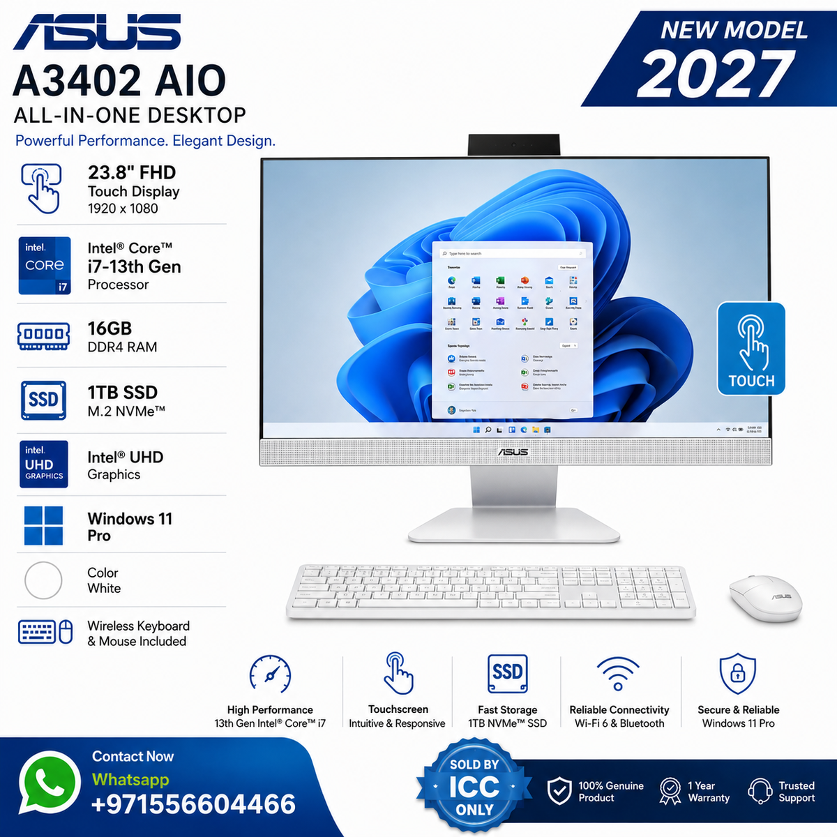 New Model 2027: ASUS A3402 AIO | 23.8" Touch | Intel i7-13th Gen | 16GB | 1TB SSD | Intel UHD | Win 11 Pro | White | Wireless Keybd & Mouse