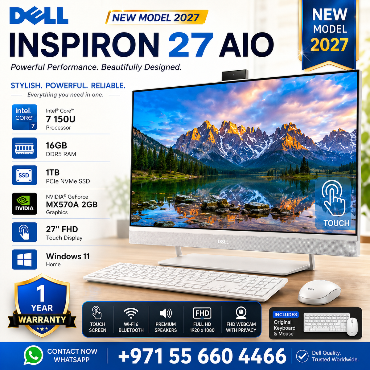 New Model 2027: Dell Inspiron 27 AIO | 27" Touch | Intel Core 7 150U | 16GB | 1TB SSD | MX570A 2GB | Win 11 Home | White | Original Keybd & Mouse