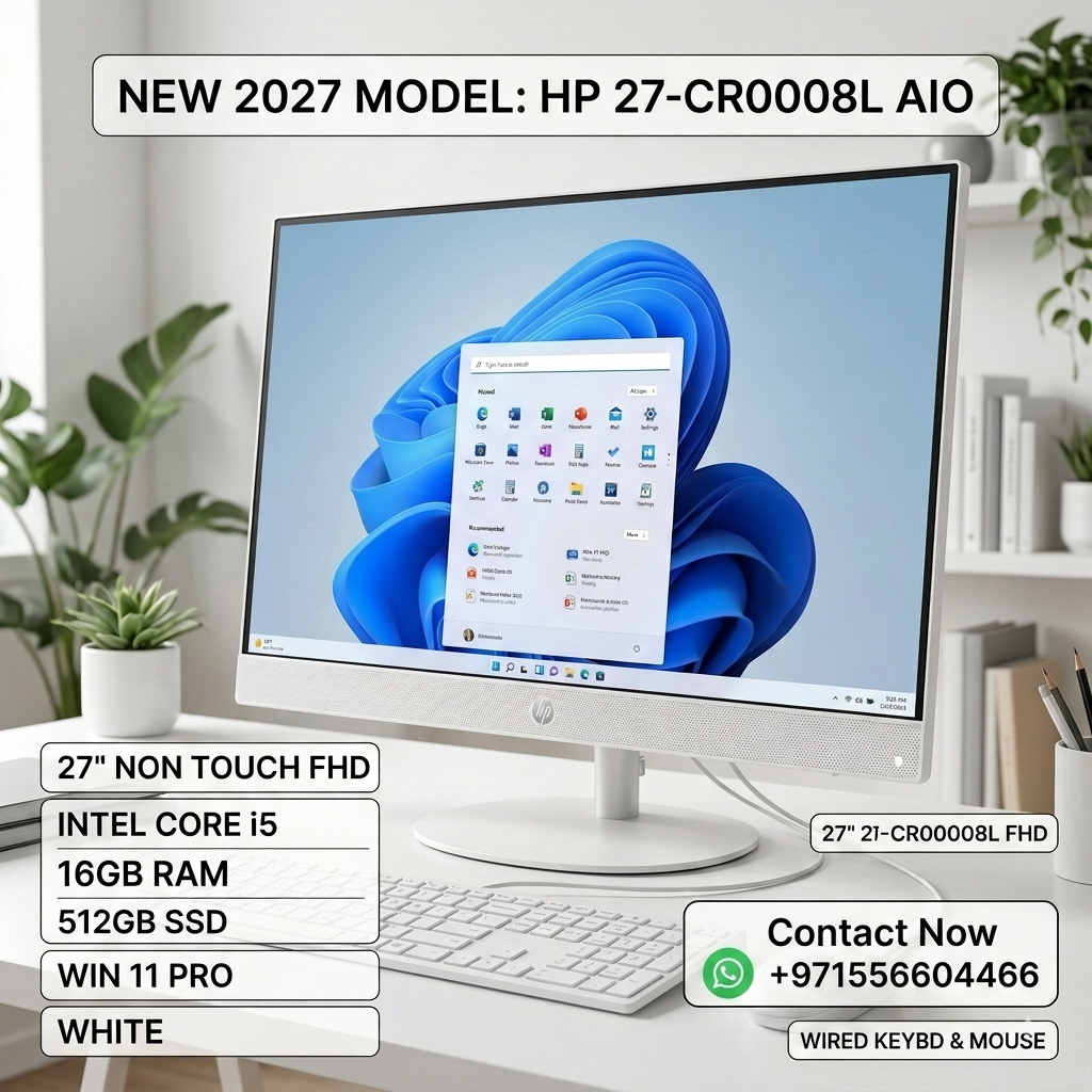 New 2027 Model: HP 27-CR0008L AIO All-in-One | 27" Non Touch FHD | Intel Core i5 | 16GB RAM | 512GB SSD | Win 11 Pro | White | Wired Keybd & Mouse