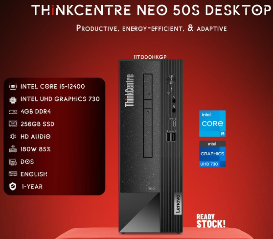 Lenovo Neo 50T Desktop (2025) 1. Intel Core i5 processor 2. 4GB DDR4 RAM 3. 256GB SSD storage 4. Intel Integrated VGA 5. Windows 11 Pro 6. 1-year warranty 7. Original keyboard 8. Original mouse 9. Brand new, sealed pack guaranteed