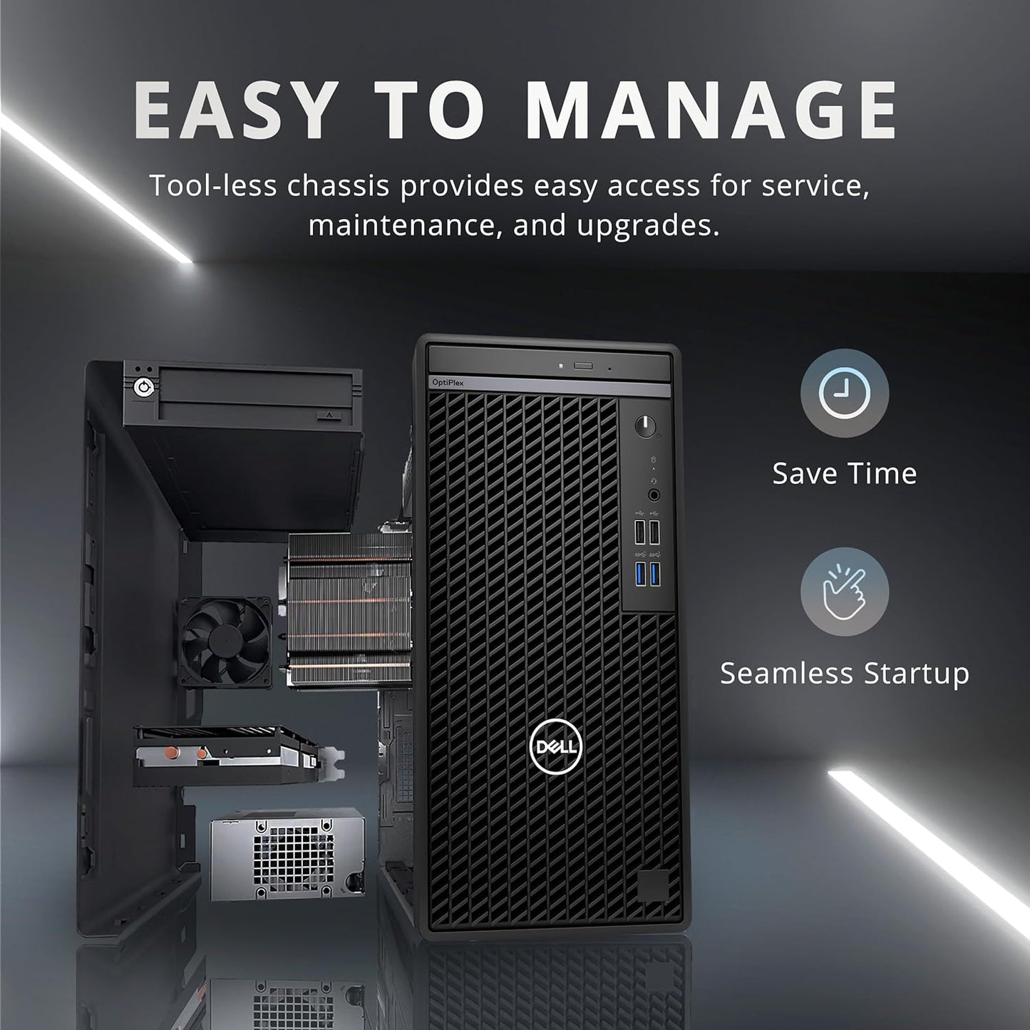 Dell OptiPlex 3000 (2025) - CPU: Intel Core i5 - RAM: 8GB DDR4 - Storage: 512GB PCIe SSD - OS: Windows 11 Pro - Optical Drive: DVDRW - Connectivity: Ethernet, WiFi - Included: Keyboard, Mouse - Color: Black