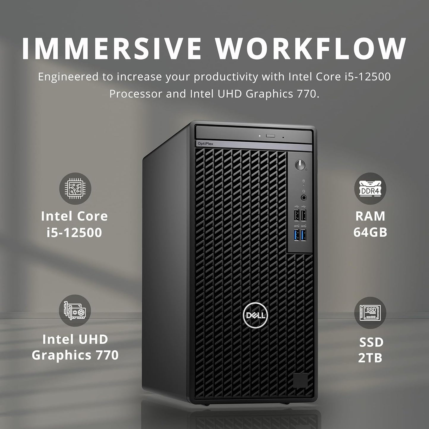 Dell OptiPlex 3000 (2025) - CPU: Intel Core i5 - RAM: 8GB DDR4 - Storage: 512GB PCIe SSD - OS: Windows 11 Pro - Optical Drive: DVDRW - Connectivity: Ethernet, WiFi - Included: Keyboard, Mouse - Color: Black