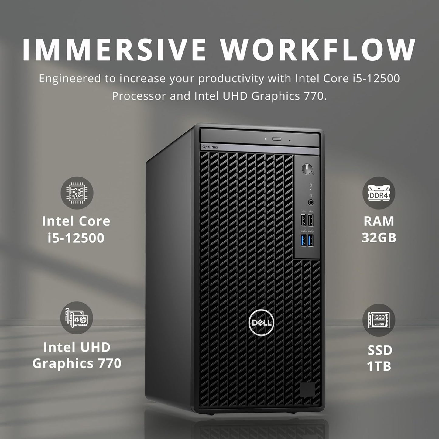 Dell OptiPlex 3000 (2025) - CPU: Intel Core i5 - RAM: 8GB DDR4 - Storage: 512GB PCIe SSD - OS: Windows 11 Pro - Optical Drive: DVDRW - Connectivity: Ethernet, WiFi - Included: Keyboard, Mouse - Color: Black