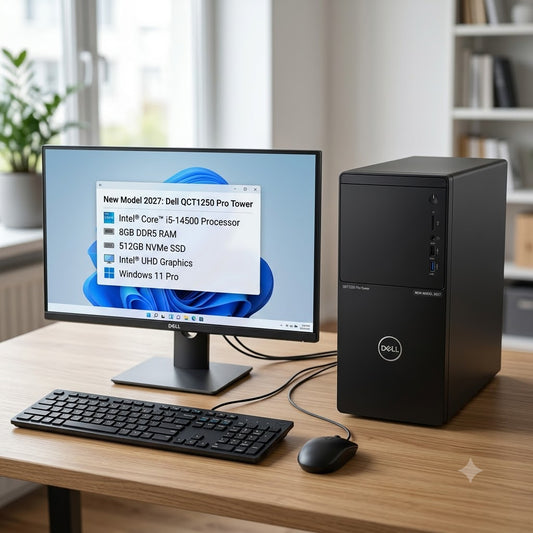 New Model 2027: Dell QCT1250 Pro Tower | Intel i5-14500 | 8GB DDR5 | 512GB SSD | Intel UHD | Win 11 Pro | Black | Wired Keybd & Mouse