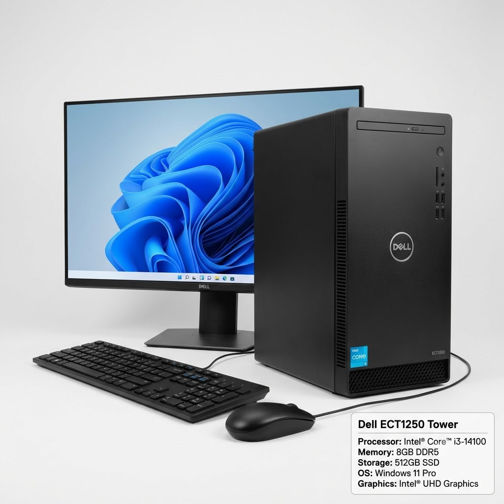 New Model 2027: Dell ECT1250 Tower | Intel i3-14100 | 8GB DDR5 | 512GB SSD | Intel UHD | Win 11 Pro | Black | Wired Keybd & Mouse