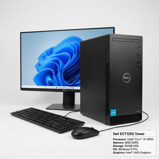 New Model 2027: Dell ECT1250 Tower | Intel i3-14100 | 8GB DDR5 | 512GB SSD | Intel UHD | Win 11 Pro | Black | Wired Keybd & Mouse