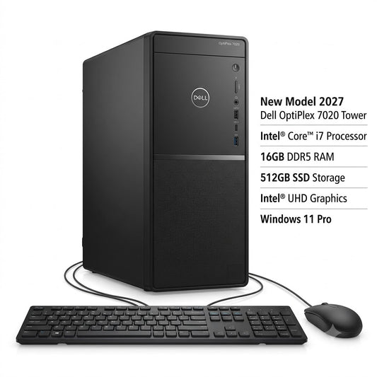 New Model 2027: Dell OptiPlex 7020 Tower | Intel i7 | 16GB DDR5 | 512GB SSD | Intel UHD | Win 11 Pro | Black | Wired Keybd & Mouse