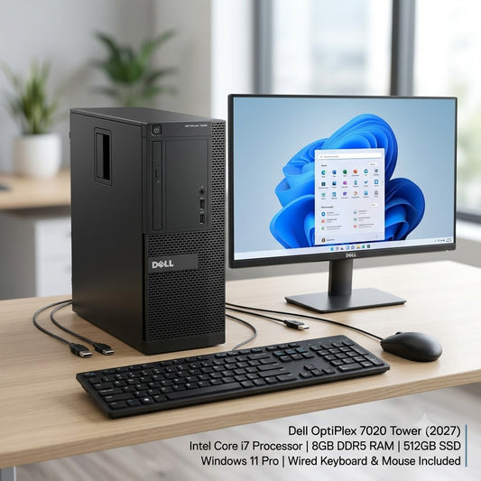 New Model 2027: Dell OptiPlex 7020 Tower | Intel i7 | 8GB DDR5 | 512GB SSD | Intel UHD | Win 11 Pro | Black | Wired Keybd & Mouse