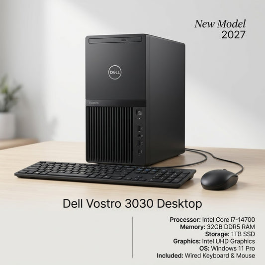 New Model 2027: Dell Vostro 3030 Desktop | Intel i7-14700 | 32GB DDR5 | 1TB SSD | Intel UHD | Win 11 Pro | Black | Wired Keybd & Mouse