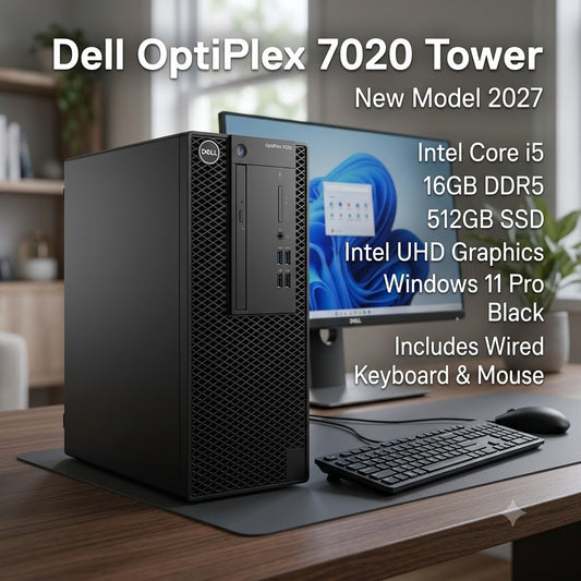 New Model 2027: Dell OptiPlex 7020 Tower | Intel i5 | 16GB DDR5 | 512GB SSD | Intel UHD | Win 11 Pro | Black | Wired Keybd & Mouse