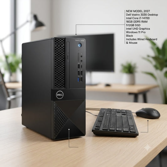 New Model 2027: Dell Vostro 3030 Desktop | Intel i7-14700 | 16GB DDR5 | 512GB SSD | Intel UHD | Win 11 Pro | Black | Wired Keybd & Mouse