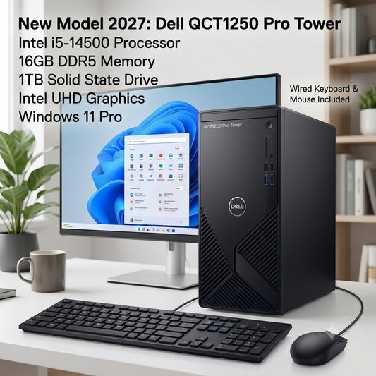 New Model 2027: Dell QCT1250 Pro Tower | Intel i5-14500 | 16GB DDR5 | 1TB SSD | Intel UHD | Win 11 Pro | Black | Wired Keybd & Mouse