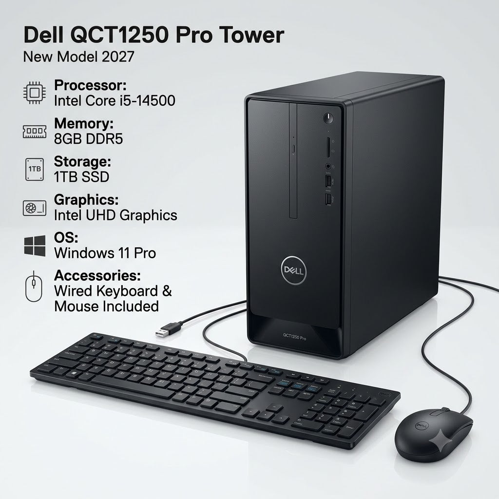 New Model 2027: Dell QCT1250 Pro Tower | Intel i5-14500 | 8GB DDR5 | 1TB SSD | Intel UHD | Win 11 Pro | Black | Wired Keybd & Mouse