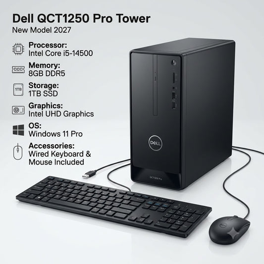 New Model 2027: Dell QCT1250 Pro Tower | Intel i5-14500 | 8GB DDR5 | 1TB SSD | Intel UHD | Win 11 Pro | Black | Wired Keybd & Mouse