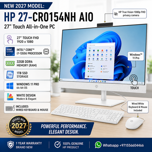New 2027 Model: HP 27-CR0154NH AIO All-in-One | 27" Touch FHD | Intel i7-1355U | 32GB RAM | 1TB SSD | Windows 11 Pro | White | Wired Keybd & Mouse