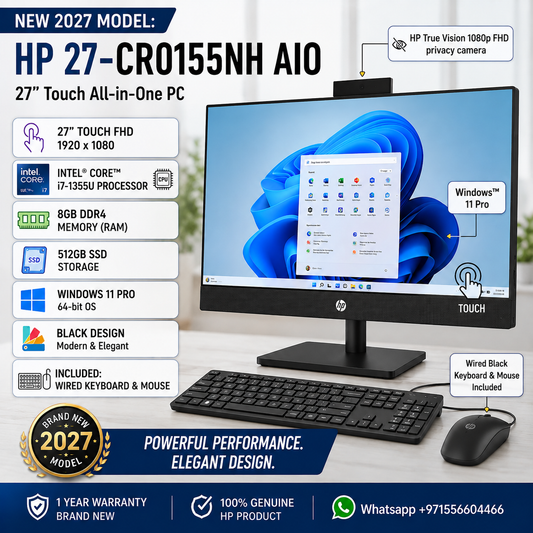 New 2027 Model: HP 27-CR0155NH AIO All-in-One | 27" Touch FHD | Intel i7-1355U | 8GB RAM | 512GB SSD | Win 11 Pro | Black | Wired Keyboard & Mouse