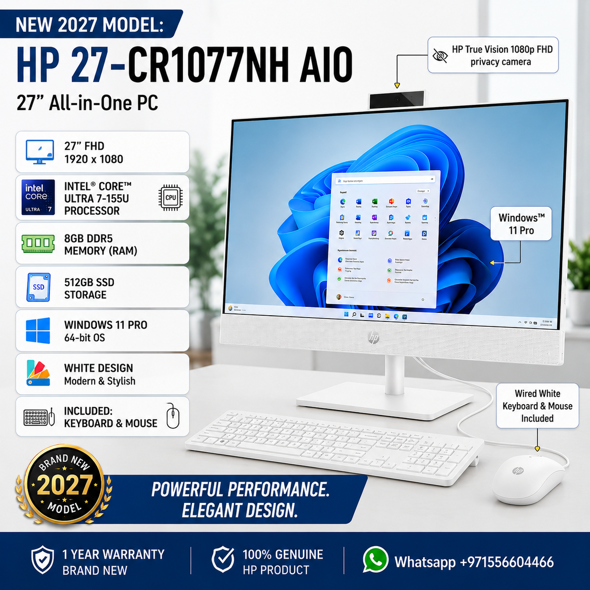 New 2027 Model: HP 27-CR1077NH AIO All-in-One | 27" FHD | Intel ULTRA7-155U | 8GB DDR5 RAM | 512GB SSD | Windows 11 Pro | White | Keyboard & Mouse