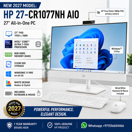 New 2027 Model: HP 27-CR1077NH AIO All-in-One | 27" FHD | Intel ULTRA7-155U | 8GB DDR5 RAM | 512GB SSD | Windows 11 Pro | White | Keyboard & Mouse