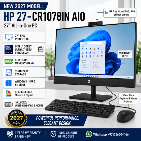 New 2027 Model: HP 27-CR1078IN AIO All-in-One | 27" FHD | Intel Core ultra7-155U | 8GB DDR5 | 512GB SSD | Win 11 Pro | BLACK | Wired Keybd & Mouse