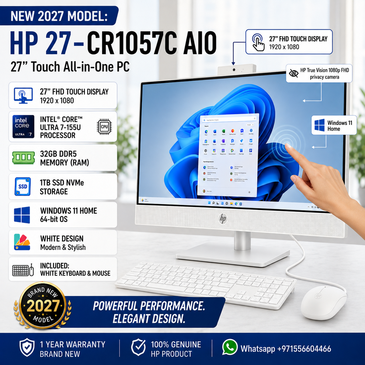 New 2027 Model: HP 27-CR1057C AIO All-in-One | 27" FHD | Intel Ultra 7 | 32GB DDR5 RAM | 1TB SSD NVMe | Windows 11 HOME | White | Keyboard & Mouse