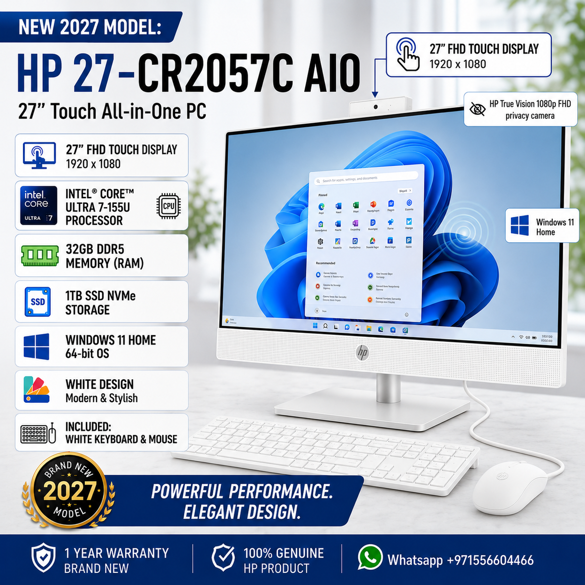 New 2027 Model: HP 27-CR2057C AIO All-in-One | 27" FHD | Intel Ultra 7 | 32GB DDR5 RAM | 1TB SSD NVMe | Windows 11 HOME | White | Keyboard & Mouse