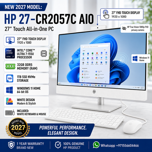 New 2027 Model: HP 27-CR2057C AIO All-in-One | 27" FHD | Intel Ultra 7 | 32GB DDR5 RAM | 1TB SSD NVMe | Windows 11 HOME | White | Keyboard & Mouse