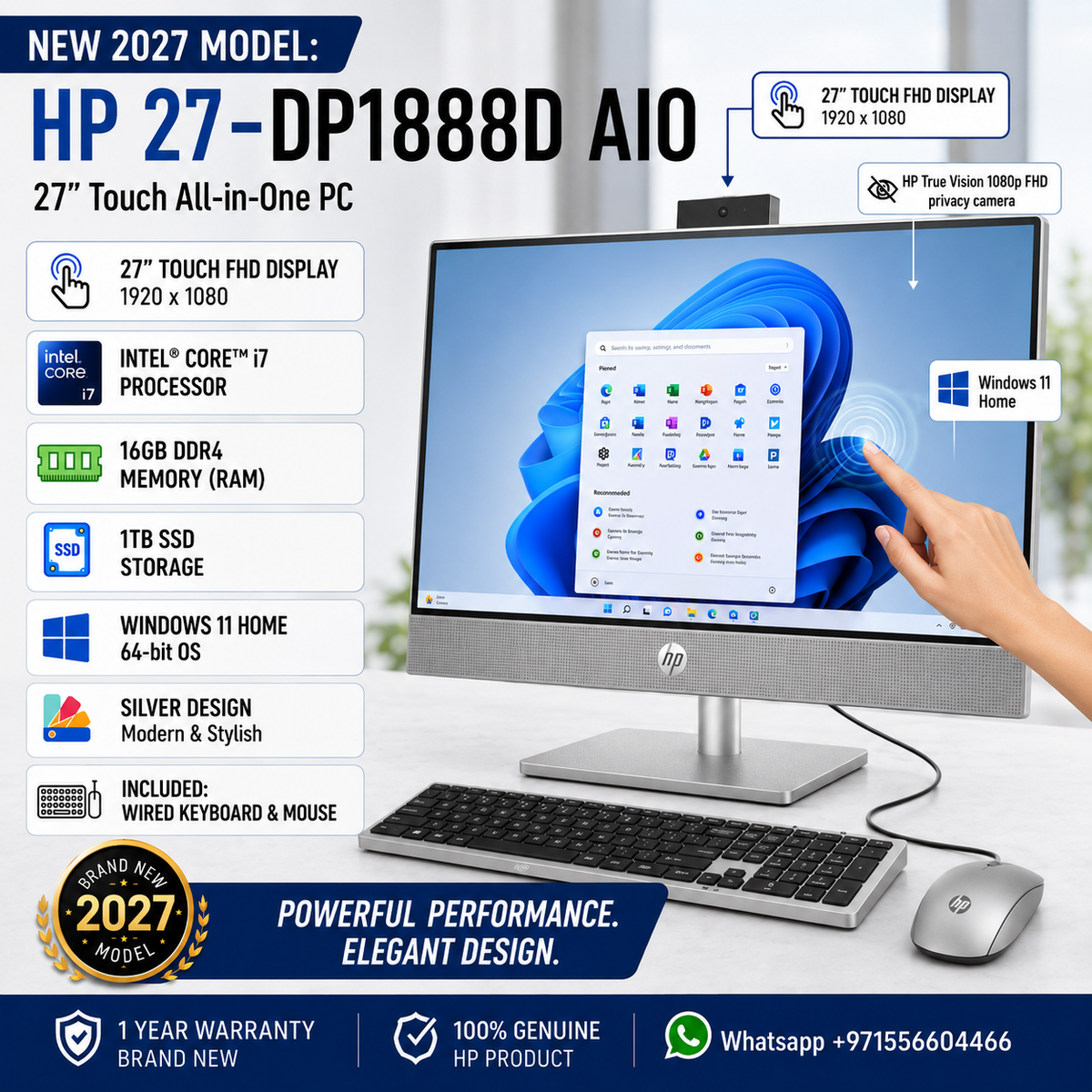 New 2027 Model: HP 27-DP1888D AIO All-in-One | 27" Touch FHD | Intel Core i7 | 16GB RAM | 1TB SSD | Windows 11 HOME | Silver | Wired Keybd & Mouse