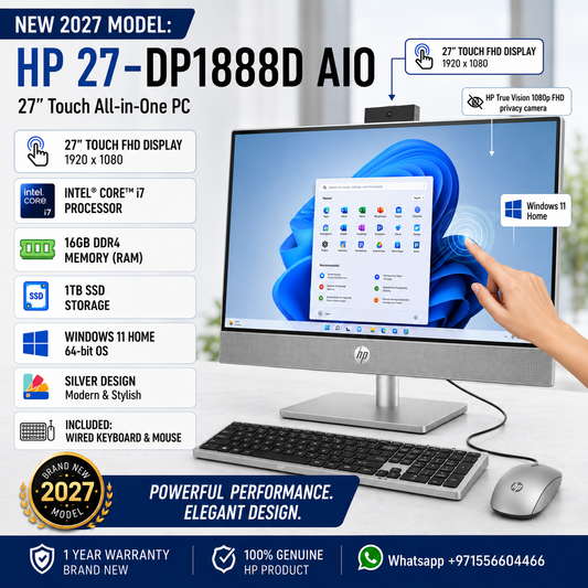 New 2027 Model: HP 27-DP1888D AIO All-in-One | 27" Touch FHD | Intel Core i7 | 16GB RAM | 1TB SSD | Windows 11 HOME | Silver | Wired Keybd & Mouse
