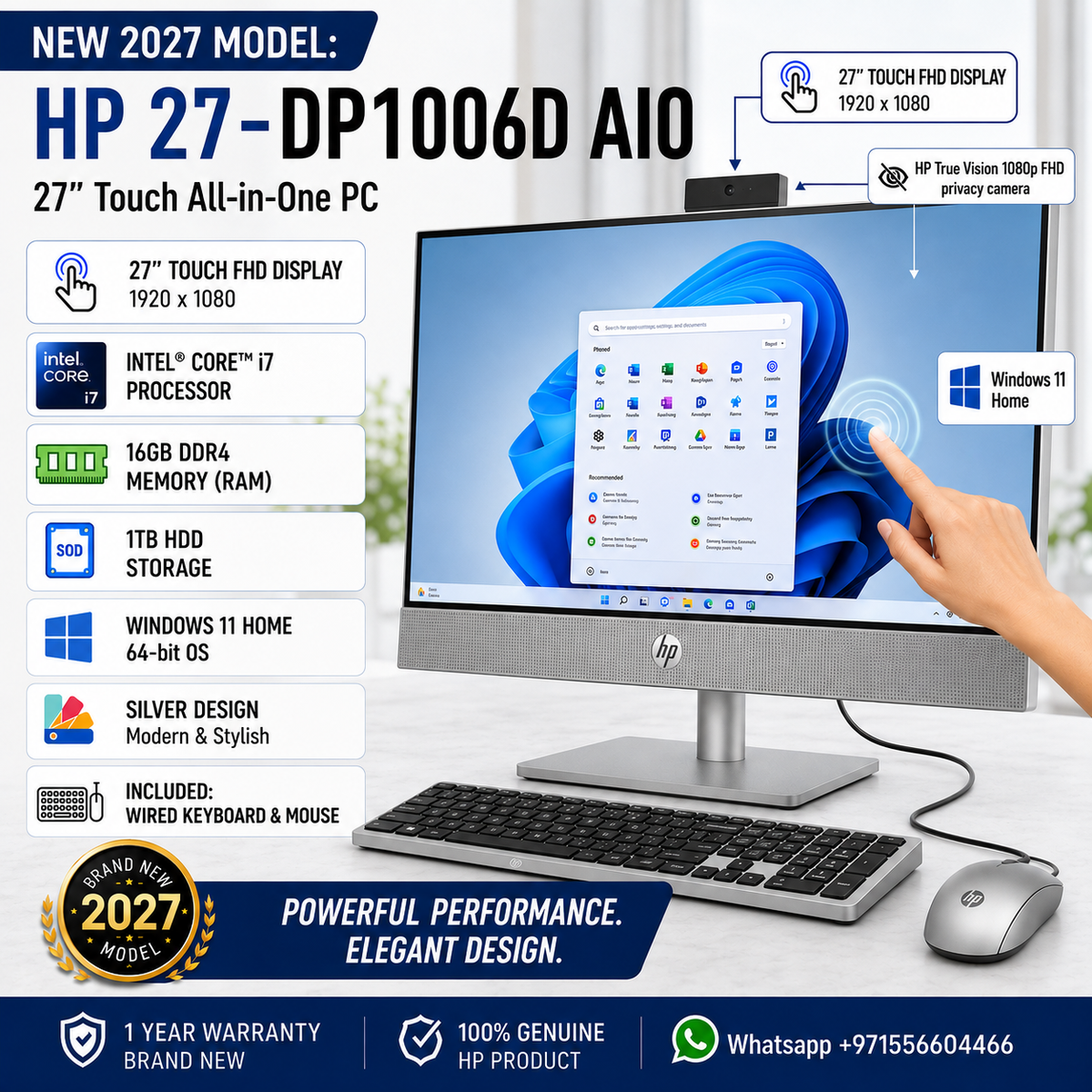 New 2027 Model: HP 27-DP1006D AIO All-in-One | 27" Touch FHD | Intel Core i7 | 16GB RAM | 1TB HDD | Windows 11 Home | Silver | Wired Keybd & Mouse