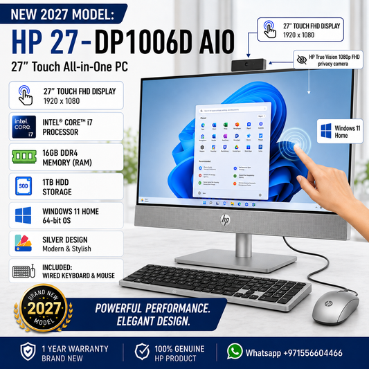 New 2027 Model: HP 27-DP1006D AIO All-in-One | 27" Touch FHD | Intel Core i7 | 16GB RAM | 1TB HDD | Windows 11 Home | Silver | Wired Keybd & Mouse