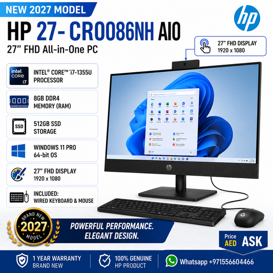 New 2027 Model: HP 27-CR0086NH AIO All-in-One | 27" FHD | Intel Core i7-1355U | 8GB RAM | 512GB SSD | Windows 11 Pro | Black | Wired Keybd & Mouse