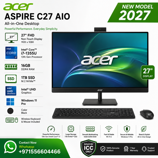 New Model 2027: Acer Aspire C27 AIO | 27" Non-Touch | Intel i7-1355U | 16GB | 1TB SSD | Intel UHD | Win 11 Pro | Black | Wireless Keybd & Mouse