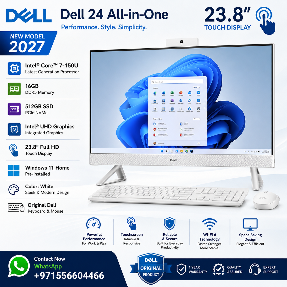 New Model 2027: Dell 24 AIO | 23.8" Touch | Intel Core 7-150U | 16GB | 512GB SSD | Intel UHD | Win 11 Home | White | Original Keybd & Mouse