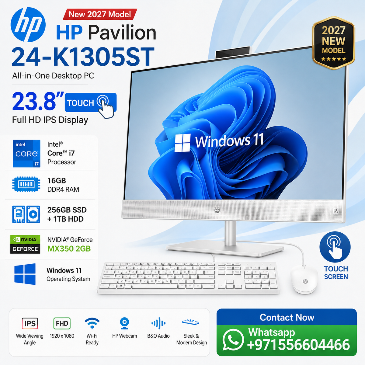 New 2027 Model: HP Pavilion 24-K1305ST | 23.8" Touch | Intel i7 | 16GB | 256GB SSD+1TB HDD | MX350 2GB | Win 11 | White | Wired Keybd & Mouse