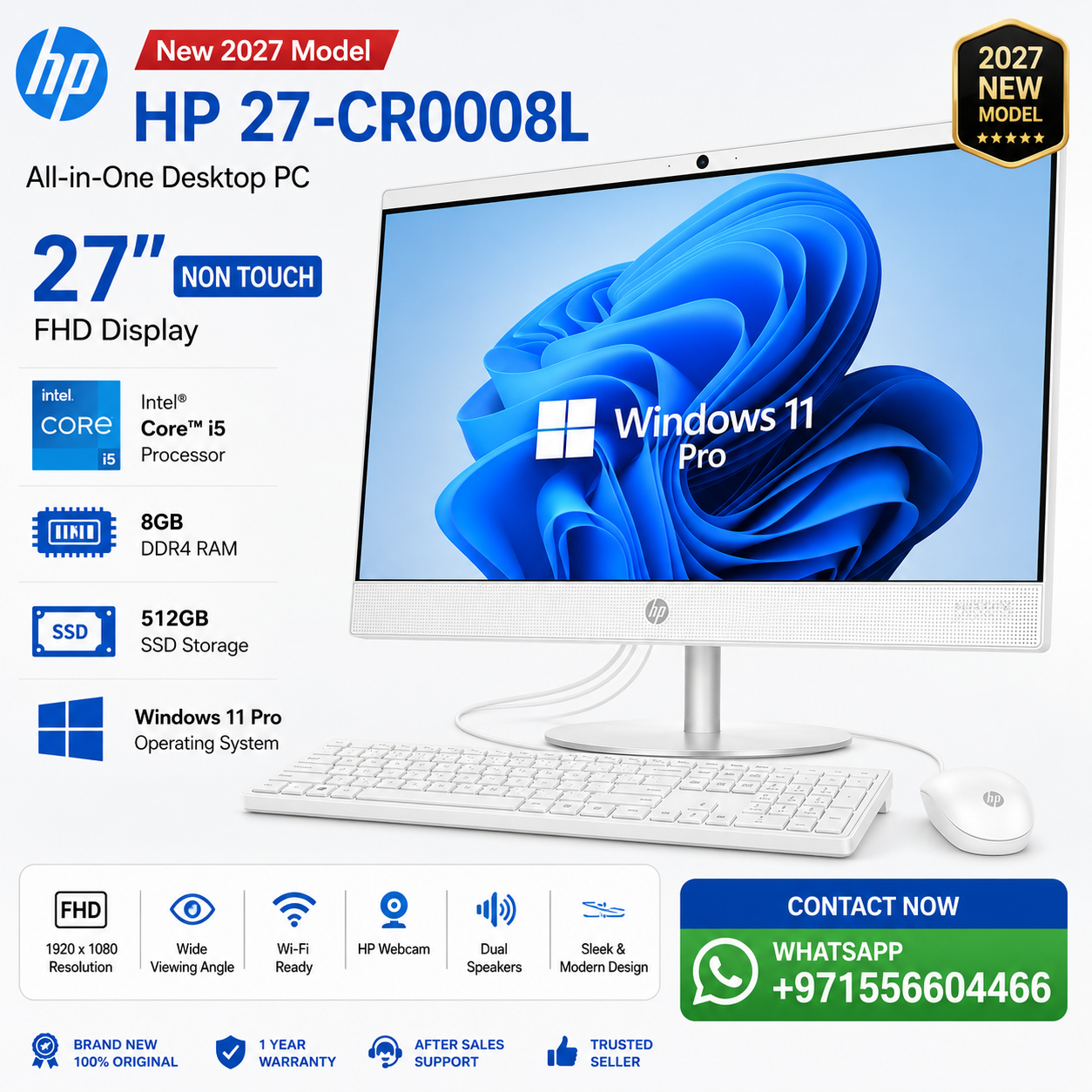 New 2027 Model: HP 27-CR0008L AIO All-in-One | 27" Non Touch FHD | Intel Core i5 | 8GB RAM | 512GB SSD | Win 11 Pro | White | Wired Keybd & Mouse