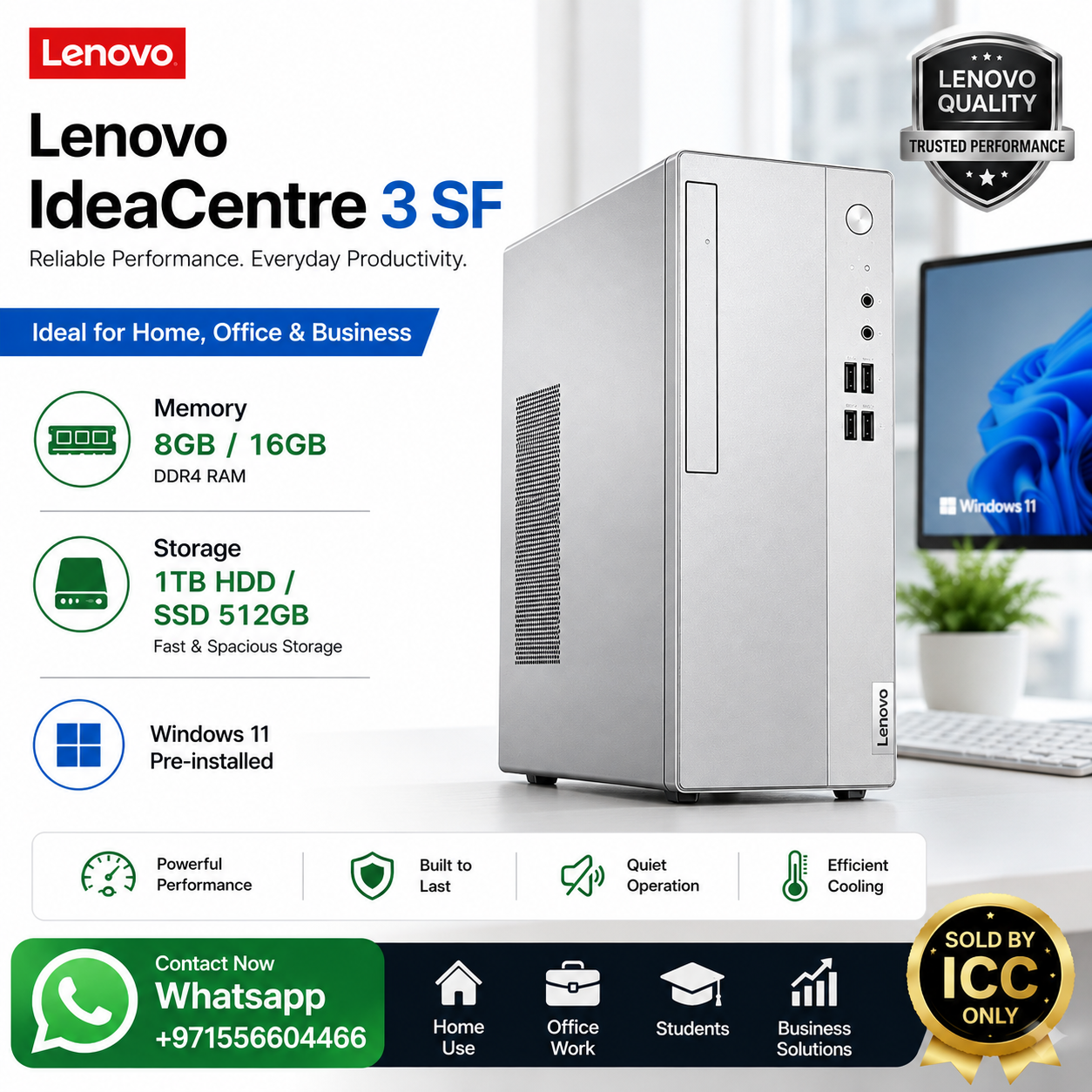 New Model 2027: Lenovo IdeaCentre 3 SFF | Intel i5-12400 | 8GB DDR4 | 256GB SSD | Intel UHD | Win 11 Pro | Silver Wired Keybd & Mouse