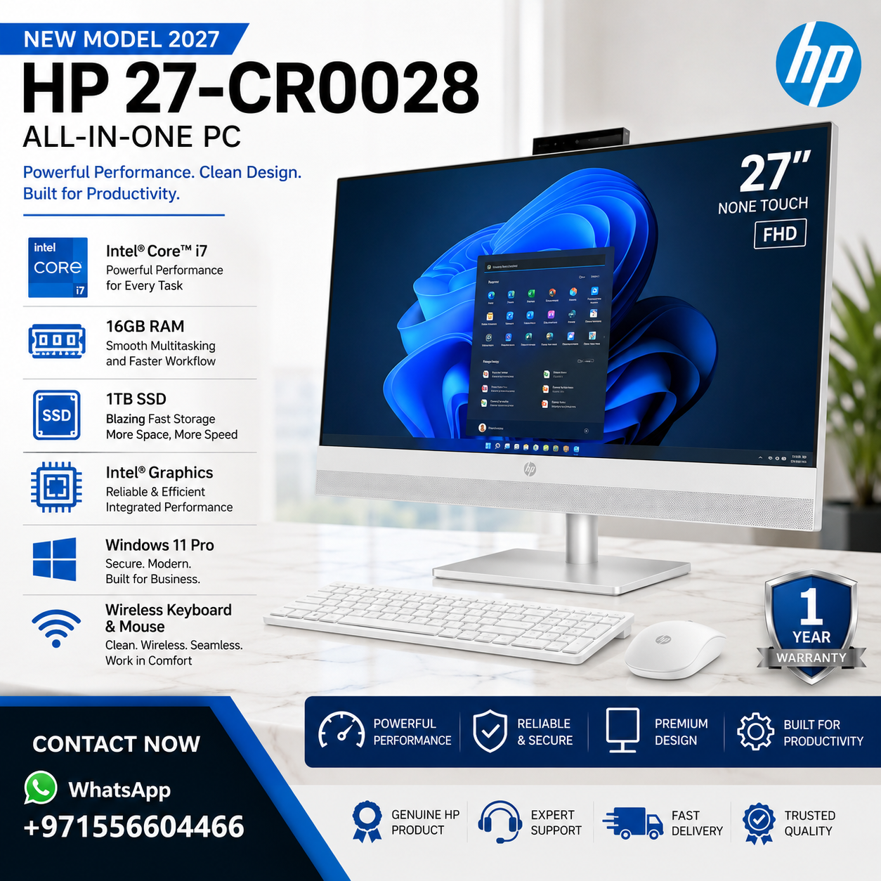 New Model 2027: HP 27-CR0028 AIO | 27" None Touch | Intel Core i7 | 16GB | 1TB SSD | Intel Graphics | Win 11 Pro| White | Wireless Keybd & Mouse