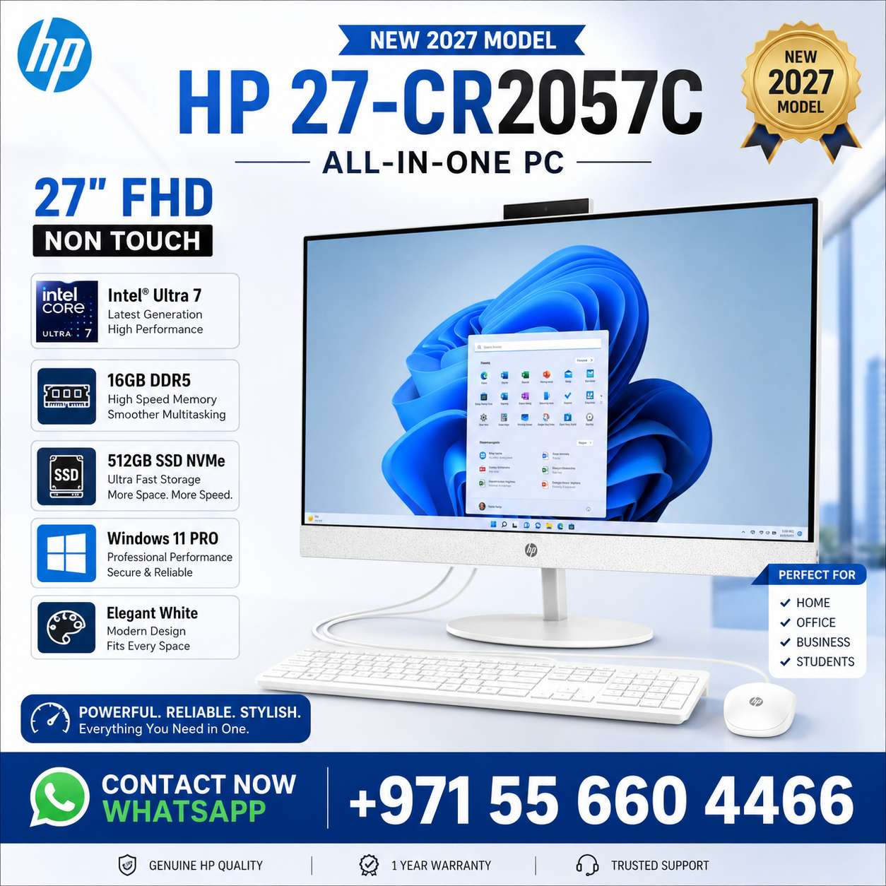 New 2027 Model: HP 27-CR2057C AIO All-in-One | 27" FHD | Intel Ultra 7 | 16GB DDR5 RAM | 512GB SSD NVMe | Windows 11 Pro | White | Keyboard & Mouse