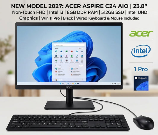 New Model 2027: Acer Aspire C24 AIO | 23.8" Non-Touch | Intel i3-1215U | 8GB | 512GB SSD | Intel UHD | Win 11 Pro | Black | Wired Keybd & Mouse
