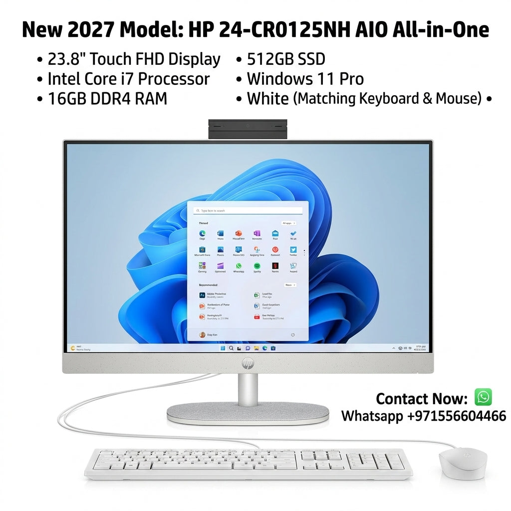 New 2027 Model: HP 24-CR0125NH AIO All-in-One | 23.8" Touch FHD | Intel Core i7 | 16 GB DDR4 RAM | 512GB SSD | Win 11 Pro | WHITE | Keyboard & Mouse