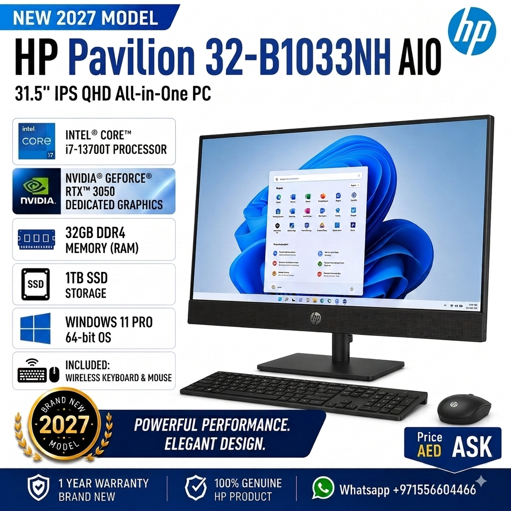 New 2027 Model: HP Pavilion 32-B1033NH | 31.5" QHD | Intel i7-13700T | 32GB RAM | 1TB SSD | RTX 3050 | Win 11 Pro | Black | Wireless Keybd & Mouse