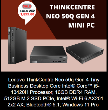 Brand New Original Model 2025 Desktop👌🏼 Lenovo ThinkCentre Neo 50q Gen 4 Tiny Business Desktop Core Intel® Core™ i5-13420H Processor, 16GB DDR4 RAM, 1TB M.2 SSD PCIe, Intel® Wi-Fi 6 AX201 2x2 AX; Bluetooth® 5.1, Windows 11 Pro