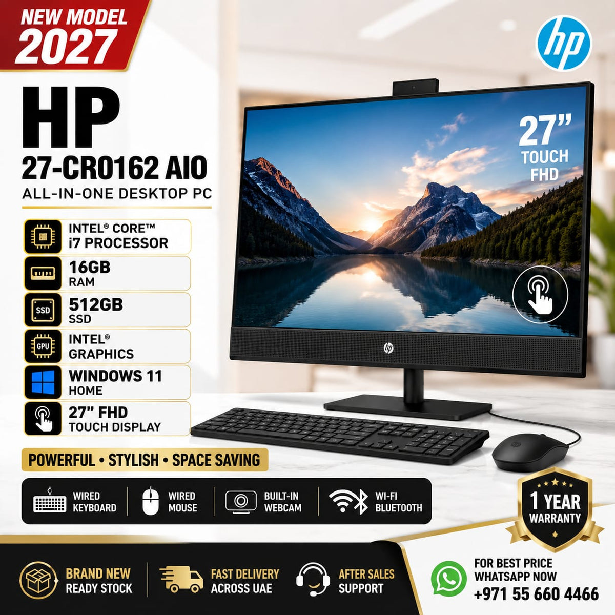 New Model 2027: HP 27-CR0162AIO | 27" Touch | Intel Core i7 | 16GB | 512GB SSD | Intel Graphics | Win 11 | Black | Wire Keybd & Mouse
